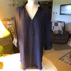 A. Byer Women’s Three Quarter Length Navy Blue Blouse with White Polka Dots